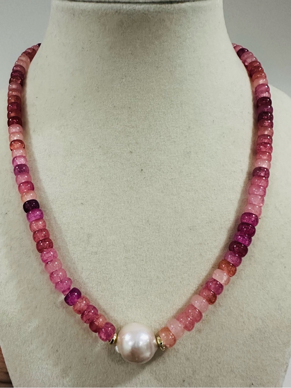 Pink Beaded Necklace with Baroque Pearl Accent - Costal Boho Layering Necklace